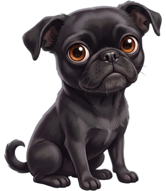 Trixie, an animated black Chihuahua–Pug mix with warm amber eyes